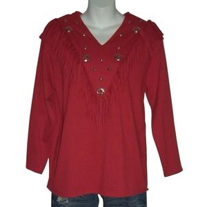 Sas'sa Blouse Vintage 80's Fringe Conche Western Boho Southwestern Cowgirl Red